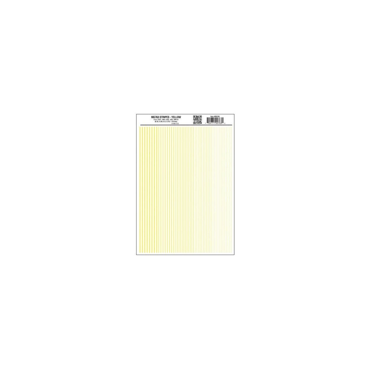 Dry Transfer Stripes - .010, 1/64, .022, 1/32 & 3/64′ Wide -- Yellow, All Scales, Woodland Scenics 763