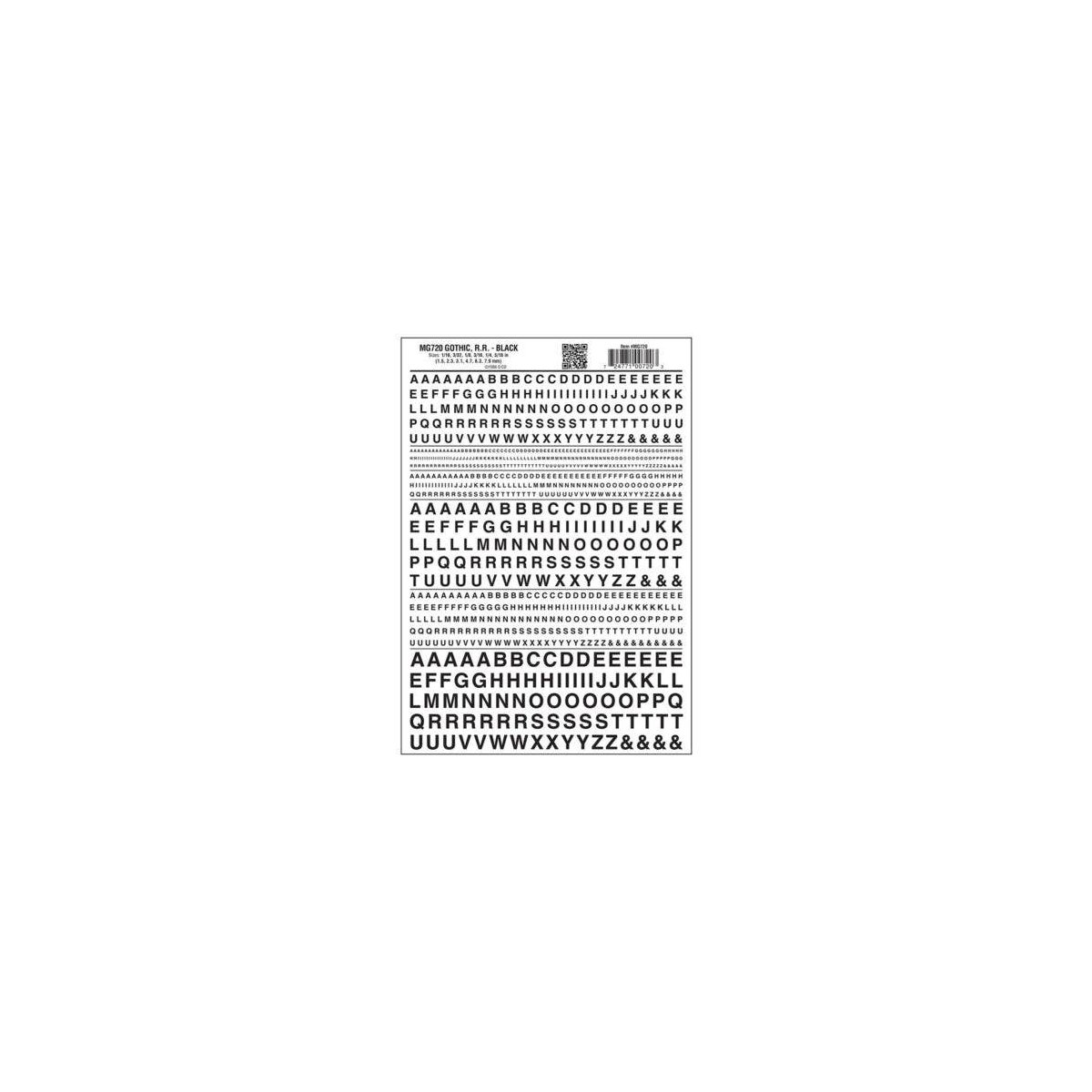 Dry Transfer Alphabet - Railroad Gothic -- Black, All Scales, Woodland Scenics 720