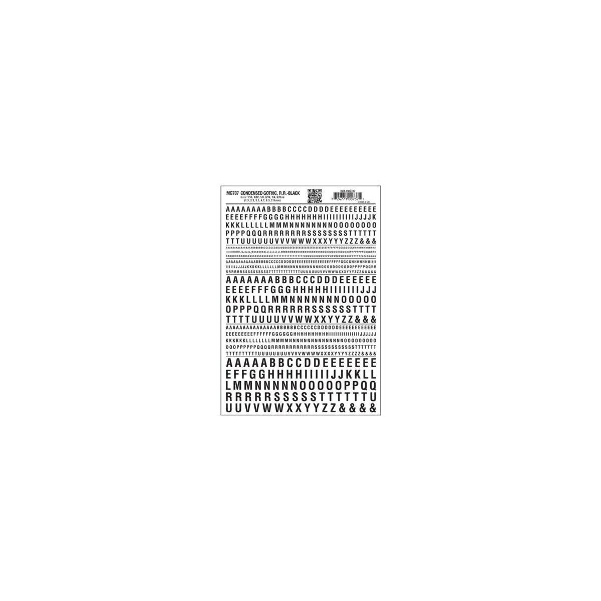 Dry Transfer Alphabet & Numbers - Condensed Railroad Gothic -- Black, All Scales, Woodland Scenics 737