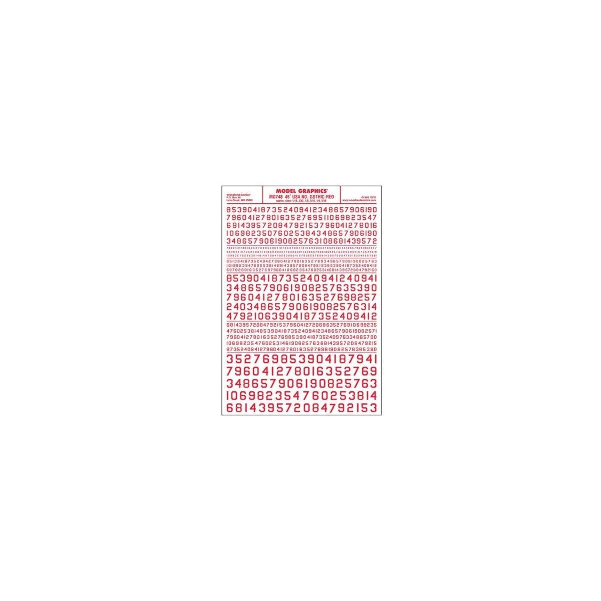 Dry Transfer Numbers Only - 45 Degree USA Gothic (Military Style) -- Red, All Scales, Woodland Scenics 748
