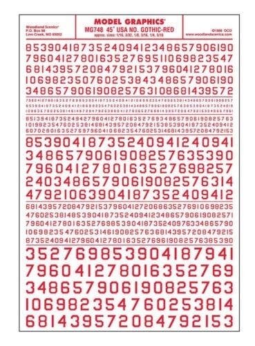 Dry Transfer Numbers Only - 45 Degree USA Gothic (Military Style) -- Red, All Scales, Woodland Scenics 748