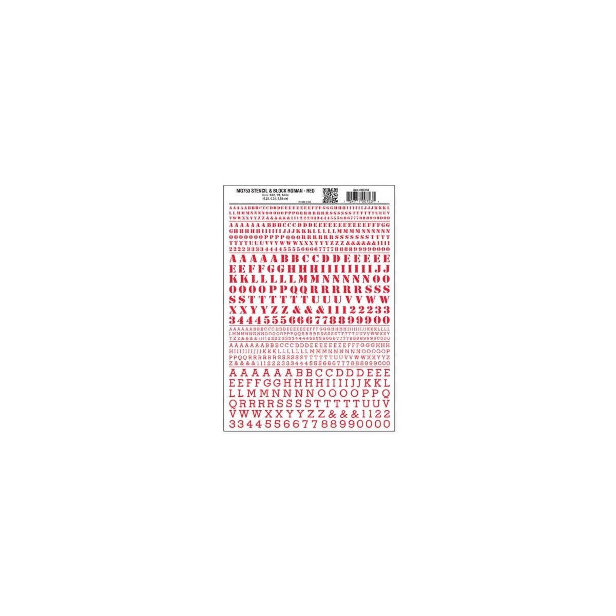 Dry Transfer Alphabet & Numbers - Stencil/Block Roman -- Red, All Scales, Woodland Scenics 753