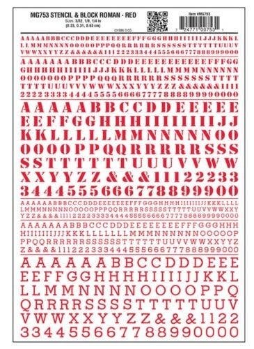 Dry Transfer Alphabet & Numbers - Stencil/Block Roman -- Red, All Scales, Woodland Scenics 753