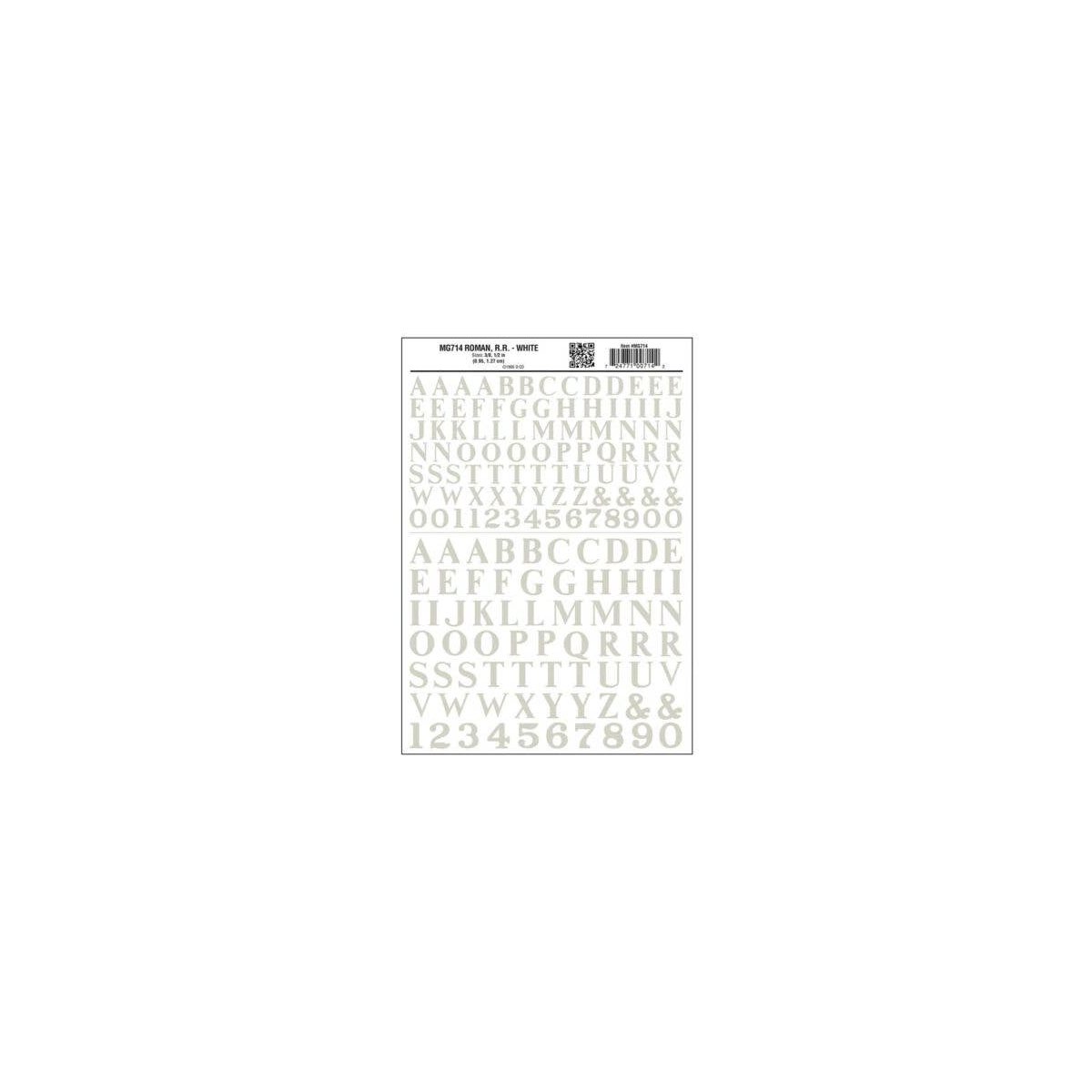 Dry Transfer Alphabet & Numbers - Railroad Roman (3/8 & 1/2′) -- White, All Scales, Woodland Scenics 714