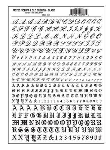 Dry Transfer Alphabet & Numbers - Script/Old English -- Black, All Scales, Woodland Scenics 755