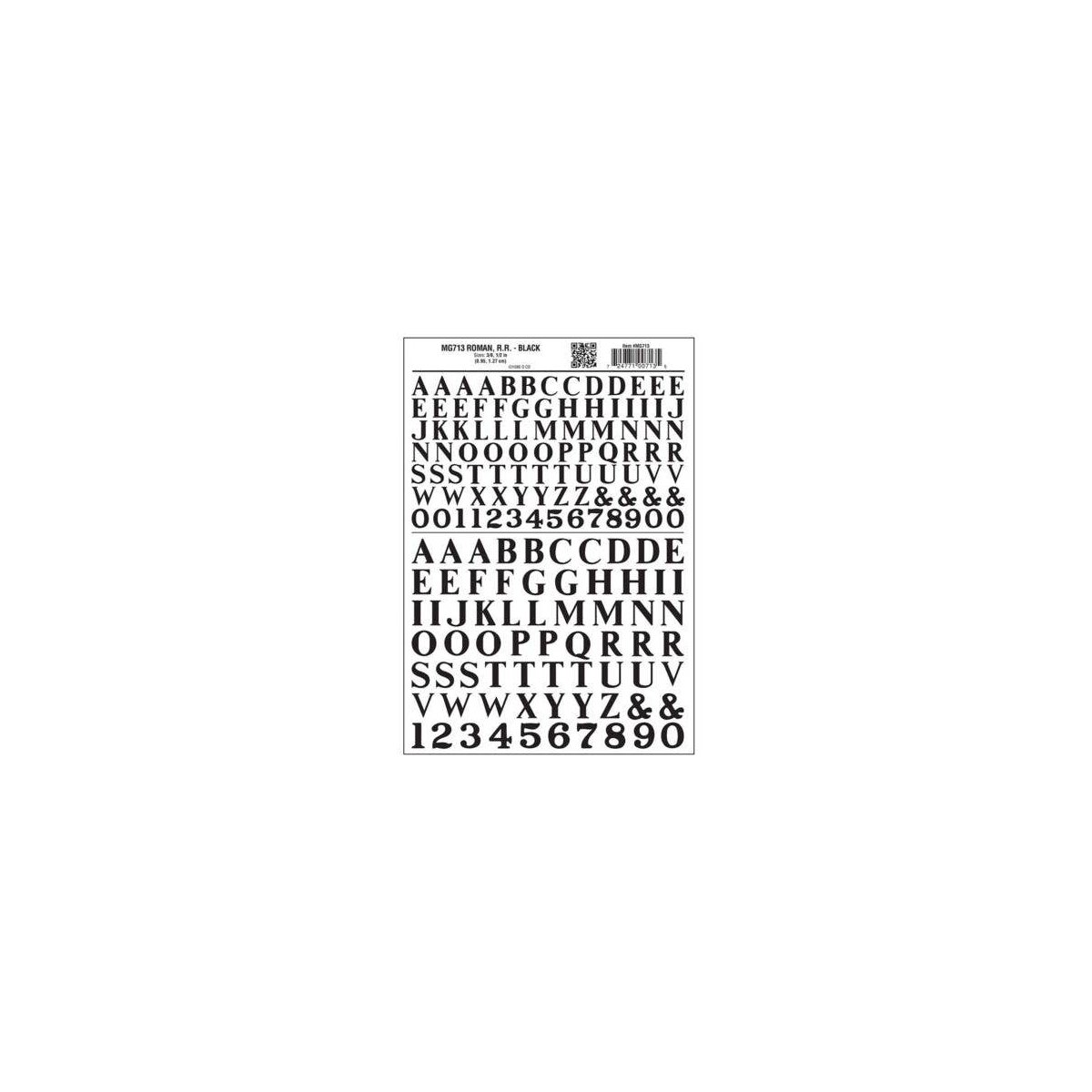 Dry Transfer Alphabet & Numbers - Railroad Roman (3/8 & 1/2′) -- Black, All Scales, Woodland Scenics 713