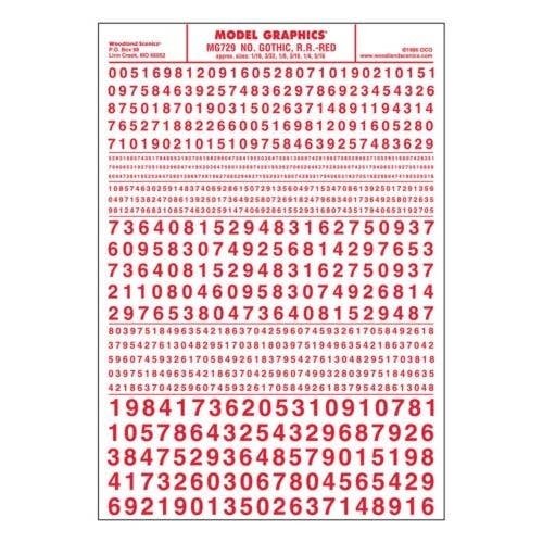 Dry Transfer Numbers Only - Railroad Gothic -- Red, All Scales, Woodland Scenics 729