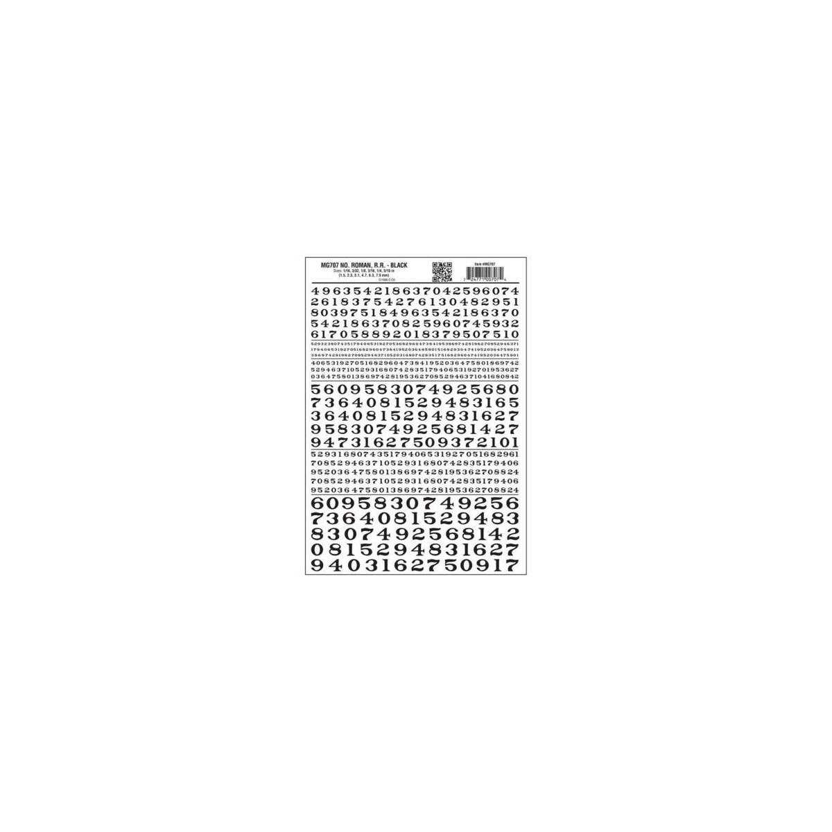Dry Transfer Numbers - Railroad Roman - 1/16, 3/32, 1/8, 3/16, 1/4 & 5/16′ -- Black, All Scales, Woodland Scenics 707