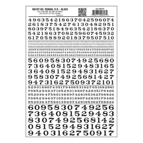Dry Transfer Numbers - Railroad Roman - 1/16, 3/32, 1/8, 3/16, 1/4 & 5/16′ -- Black, All Scales, Woodland Scenics 707