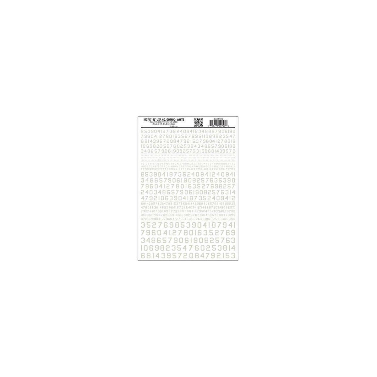 Dry Transfer Numbers Only - 45 Degree USA Gothic (Military Style) -- White, All Scales, Woodland Scenics 747