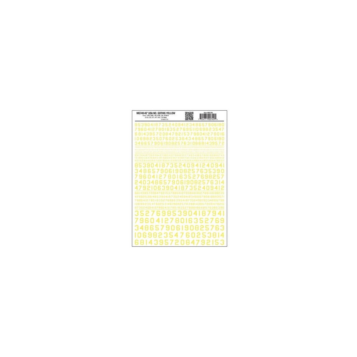 Dry Transfer Numbers Only - 45 Degree USA Gothic (Military Style) -- Yellow, All Scales, Woodland Scenics 749