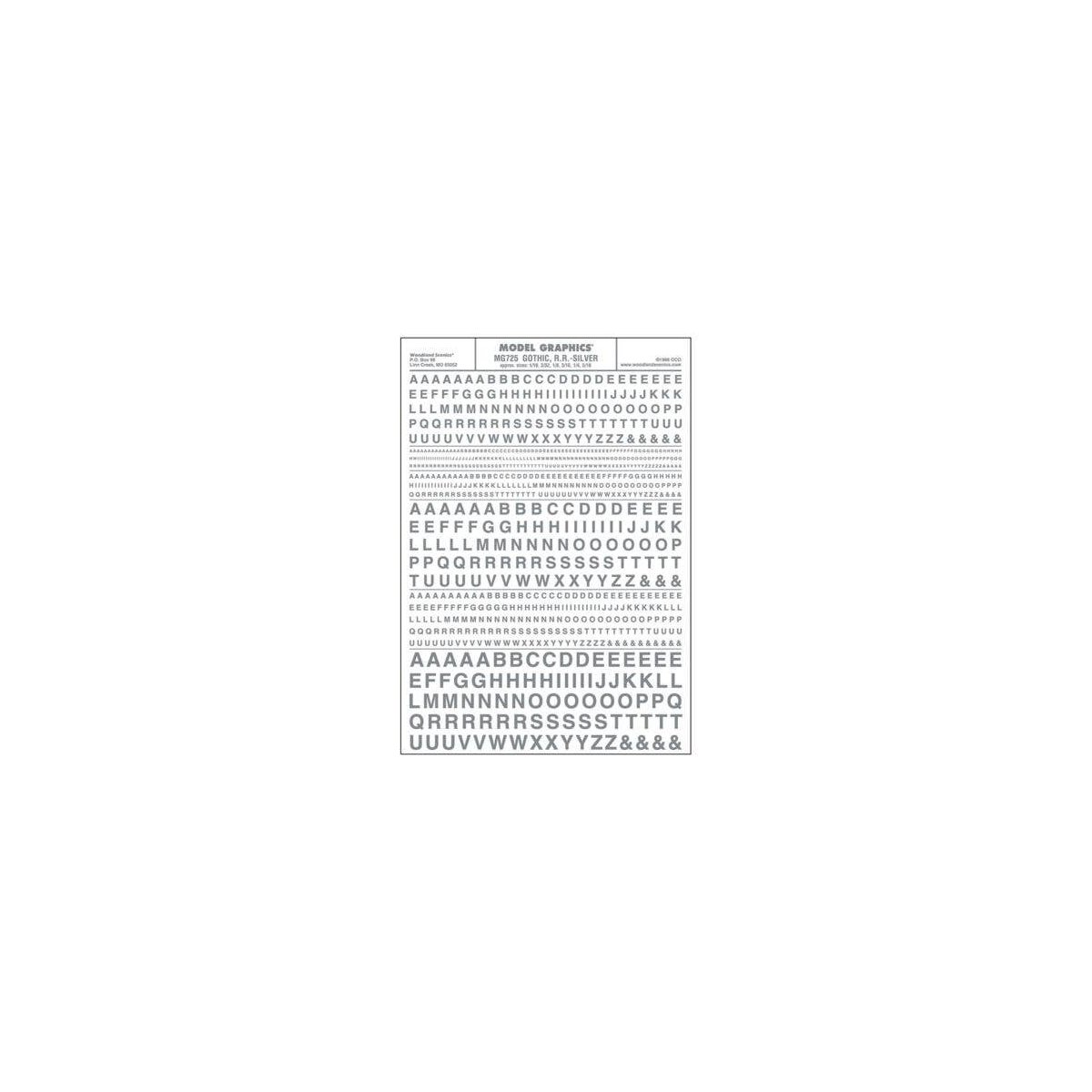 Dry Transfer Alphabet & Numbers - Railroad Gothic -- Silver, All Scales, Woodland Scenics 725
