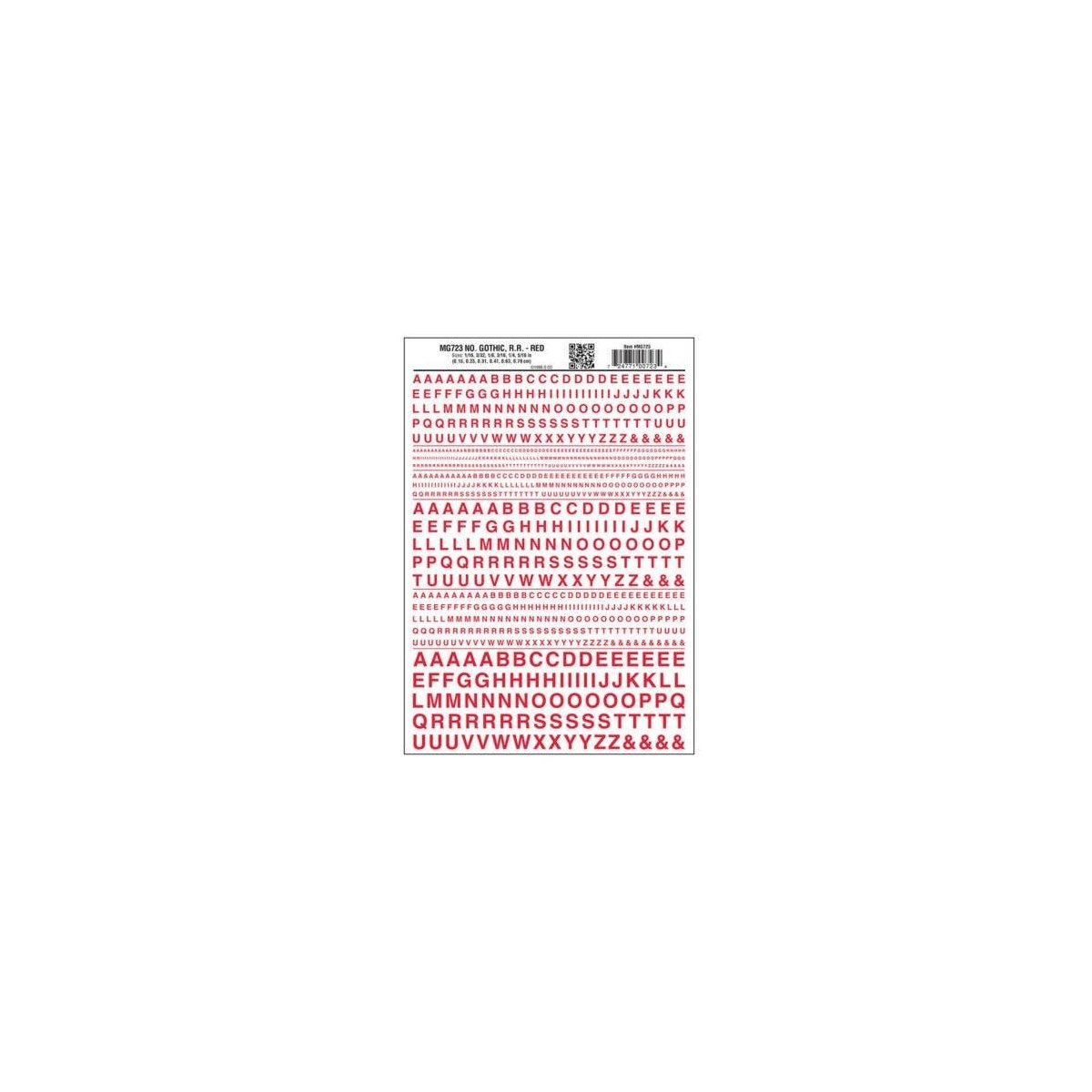 Dry Transfer Alphabet & Numbers - Railroad Gothic -- Red, All Scales, Woodland Scenics 723