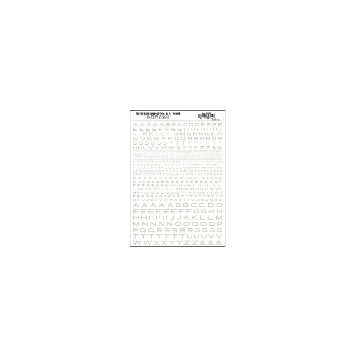 Dry Transfer Alphabet & Numbers - Extended Railroad Gothic -- White, All Scales, Woodland Scenics 735