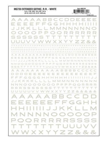 Dry Transfer Alphabet & Numbers - Extended Railroad Gothic -- White, All Scales, Woodland Scenics 735