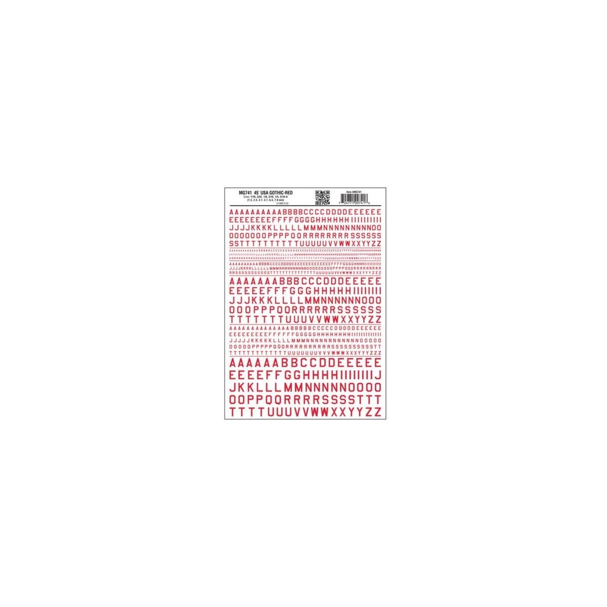 Dry Transfer Alphabet & Numbers - 45-Degree USA Gothic (Military Style) -- Red, All Scales, Woodland Scenics 741