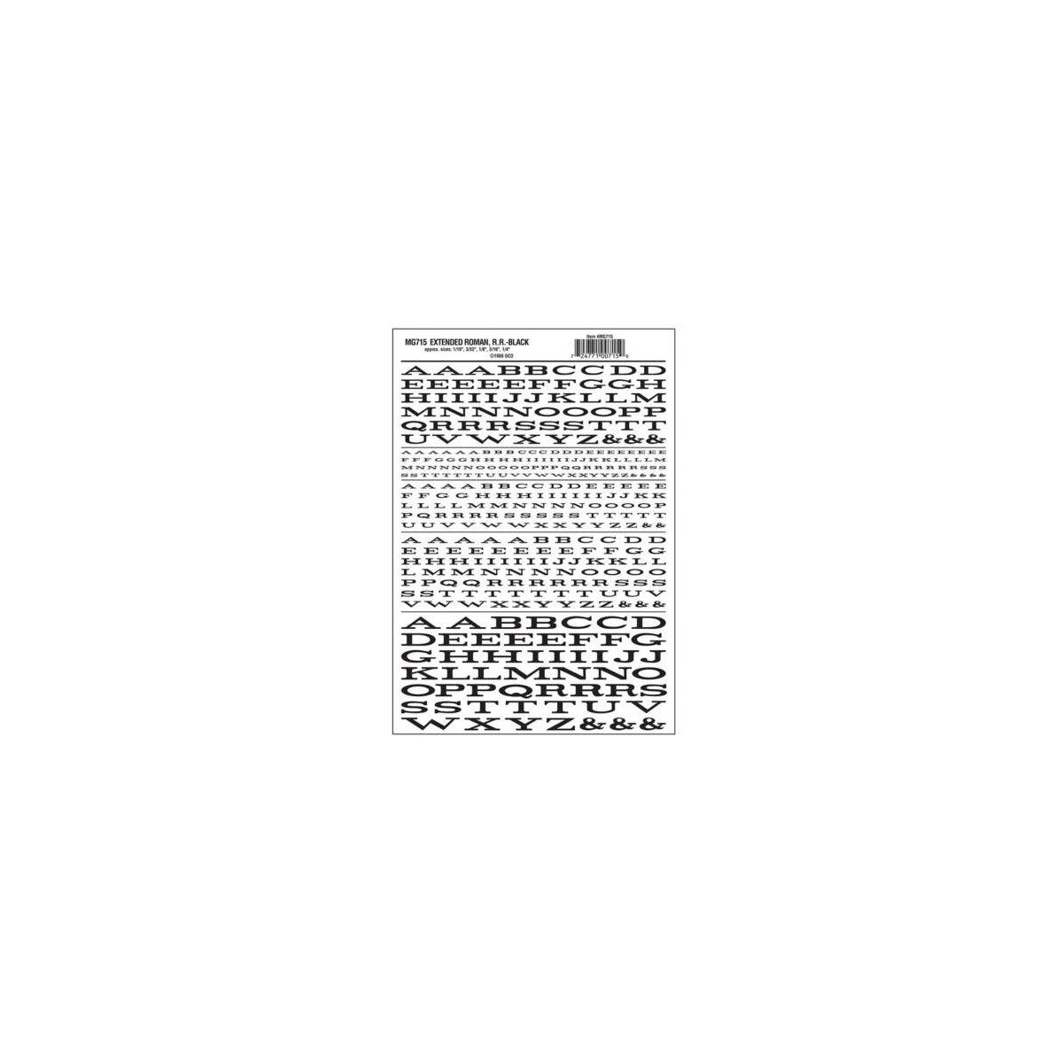 Dry Transfer Alphabet & Numbers - Extended Railroad Roman -- Black, All Scales, Woodland Scenics 715