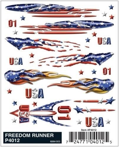 PineCar(R) Dry Transfer Decals -- Freedom Runner, All Scales, Woodland Scenics 4012