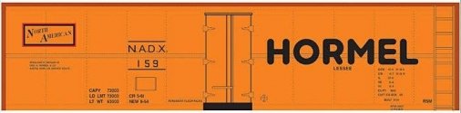Railroad Decal Set -- Hormel NADX 40′ Steel Reefer (orange Car, Medium Hormel, North American , HO, Tichy Train Group 10219