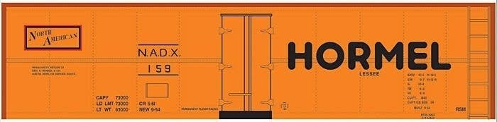 Railroad Decal Set -- Hormel NADX 40′ Steel Reefer (orange Car, Medium Hormel, North American , HO, Tichy Train Group 10219