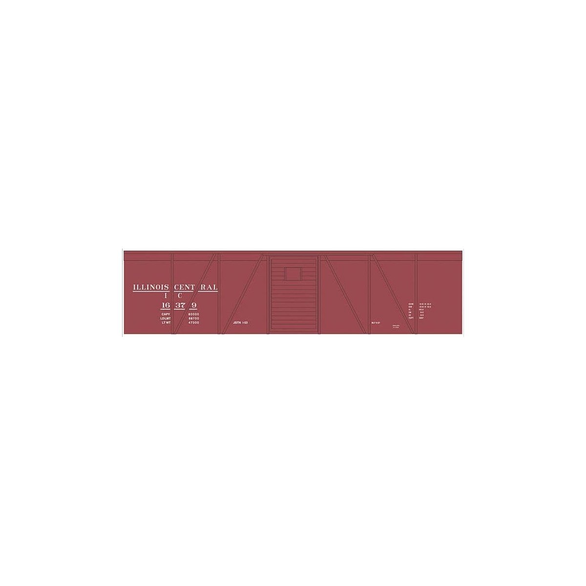 Railroad Decal Set -- Illinois Central 40′ Single-Door Single-Sheathed Boxcar (Boxcar Red, No , HO, Tichy Train Group 10230