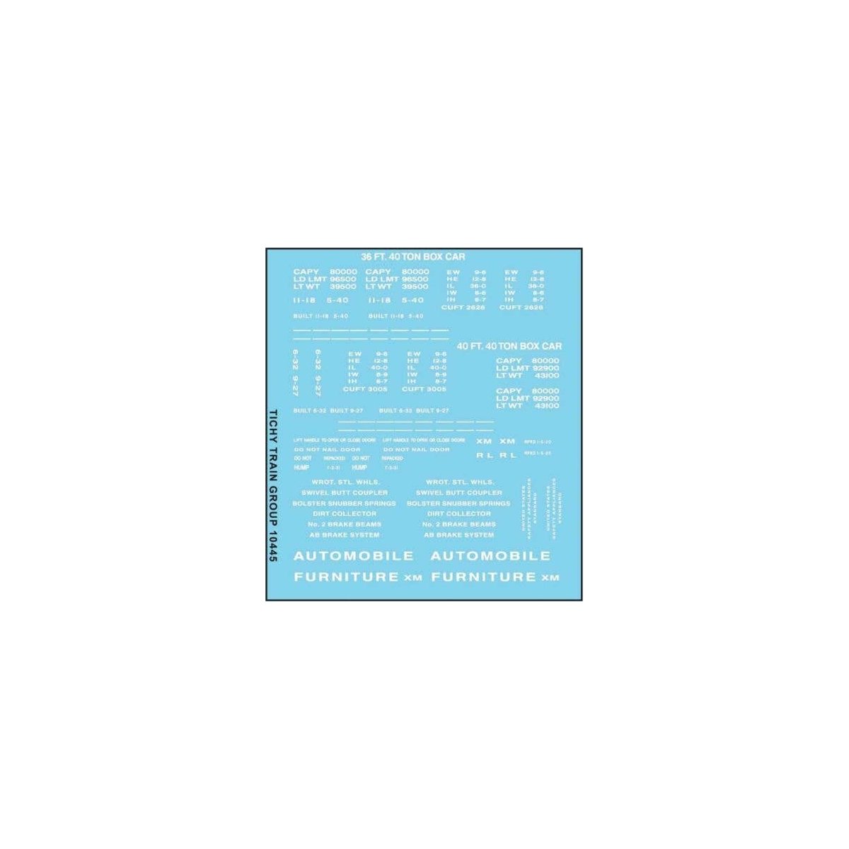 Railroad Decal Set -- 36`, 40` Boxcar Data, Gothic Lettering (white), HO, Tichy Train Group 10445