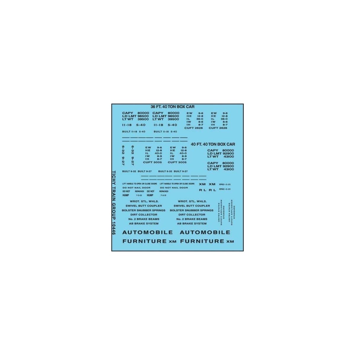 Railroad Decal Set -- 36`, 40` Boxcar Data, Gothic Lettering (black), HO, Tichy Train Group 10446