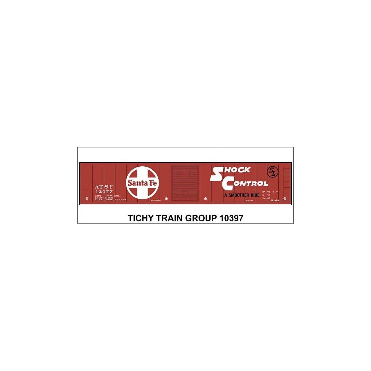 Railroad Decal Set -- Santa Fe 50′ Steel Boxcar (red car, 12000 Series, Shock Control, Large L, HO, Tichy Train Group 10397