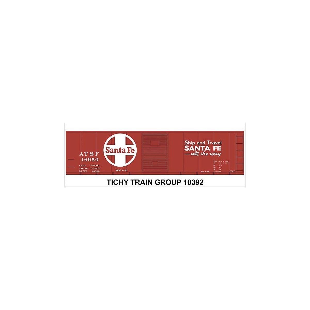 Railroad Decal Set -- Santa Fe 40′ Steel Boxcar (Boxcar Red Car, Ship & Travel Slogan, Large L, N, Tichy Train Group 10392N