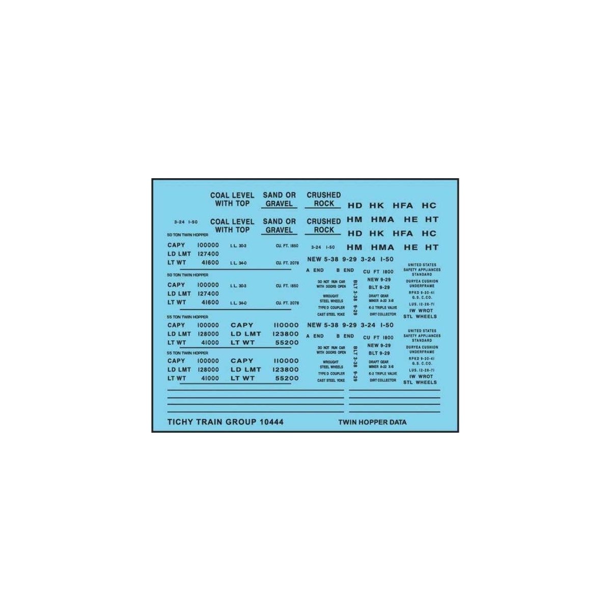 Railroad Decal Set -- 2-Bay Twin Hopper Data, Gothic Lettering (black), HO, Tichy Train Group 10444