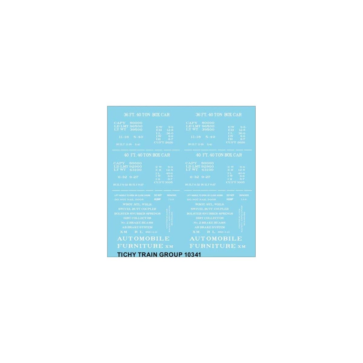 Railroad Decal Set -- Generic 36` and 40` Wood Boxcar Data (white lettering), HO, Tichy Train Group 10341