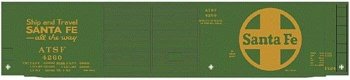 Railroad Decal Set -- Santa Fe 50′ Express Boxcar (green car, Large Logo, Ship & Travel Slogan, HO, Tichy Train Group 10073