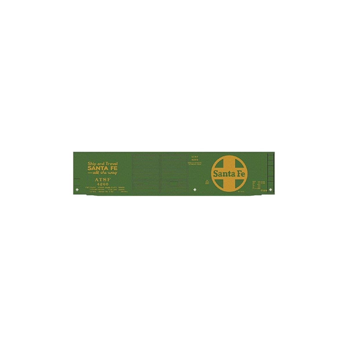 Railroad Decal Set -- Santa Fe 50′ Express Boxcar (green car, Large Logo, Ship & Travel Slogan, HO, Tichy Train Group 10073