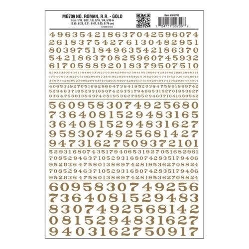 Dry Transfer Numbers - Railroad Roman - 1/16, 3/32, 1/8, 3/16, 1/4 & 5/16′ -- Gold, All Scales, Woodland Scenics 709