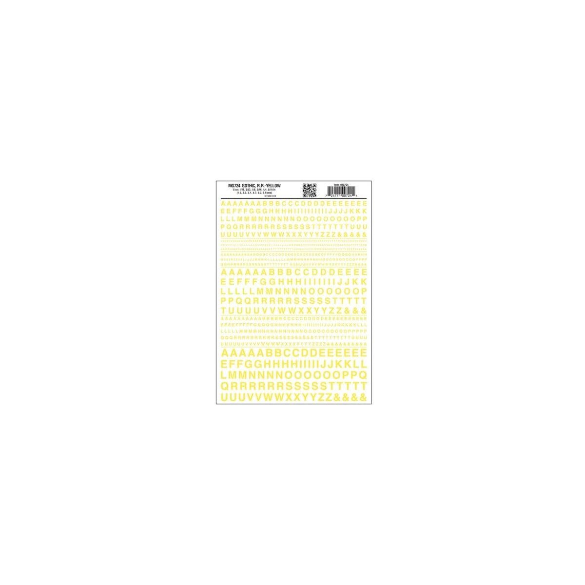 Dry Transfer Alphabet & Numbers - Railroad Gothic -- Yellow, All Scales, Woodland Scenics 724