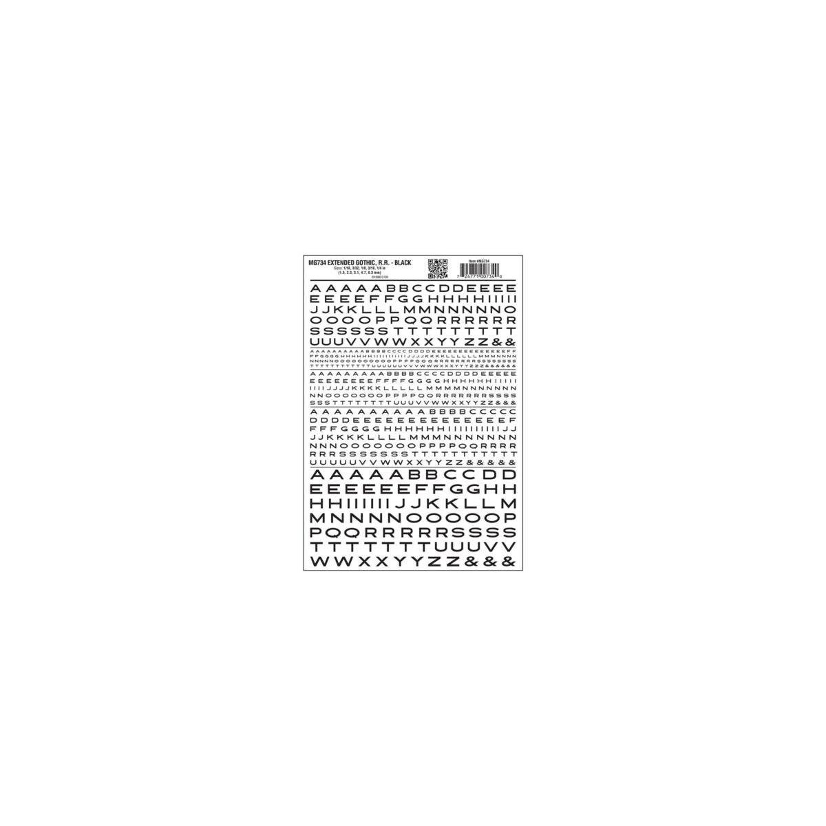 Dry Transfer Alphabet & Numbers - Extended Railroad Gothic -- Black, All Scales, Woodland Scenics 734