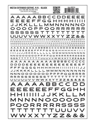 Dry Transfer Alphabet & Numbers - Extended Railroad Gothic -- Black, All Scales, Woodland Scenics 734