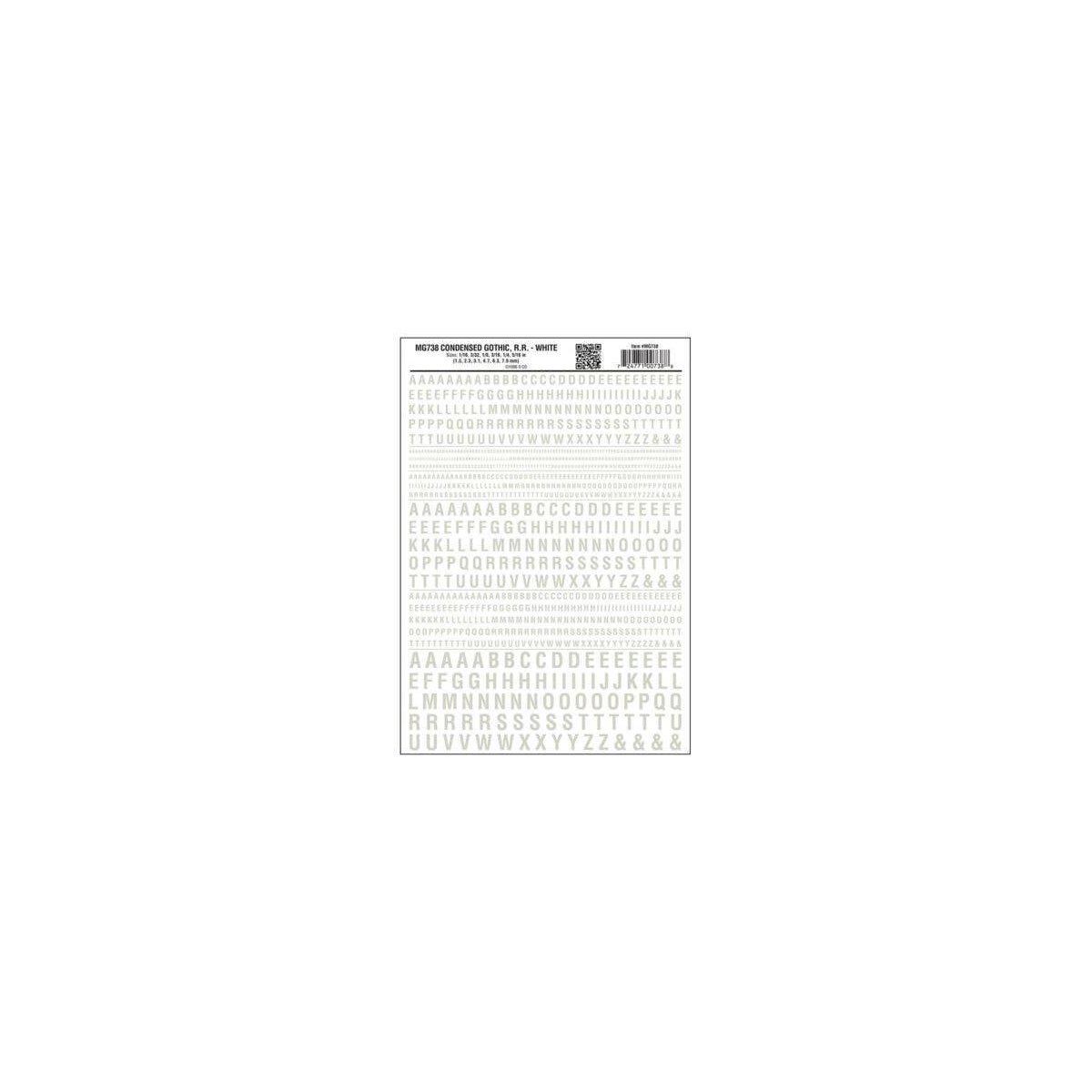 Dry Transfer Alphabet & Numbers - Condensed Railroad Gothic -- White, All Scales, Woodland Scenics 738