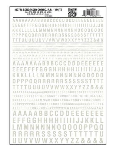 Dry Transfer Alphabet & Numbers - Condensed Railroad Gothic -- White, All Scales, Woodland Scenics 738
