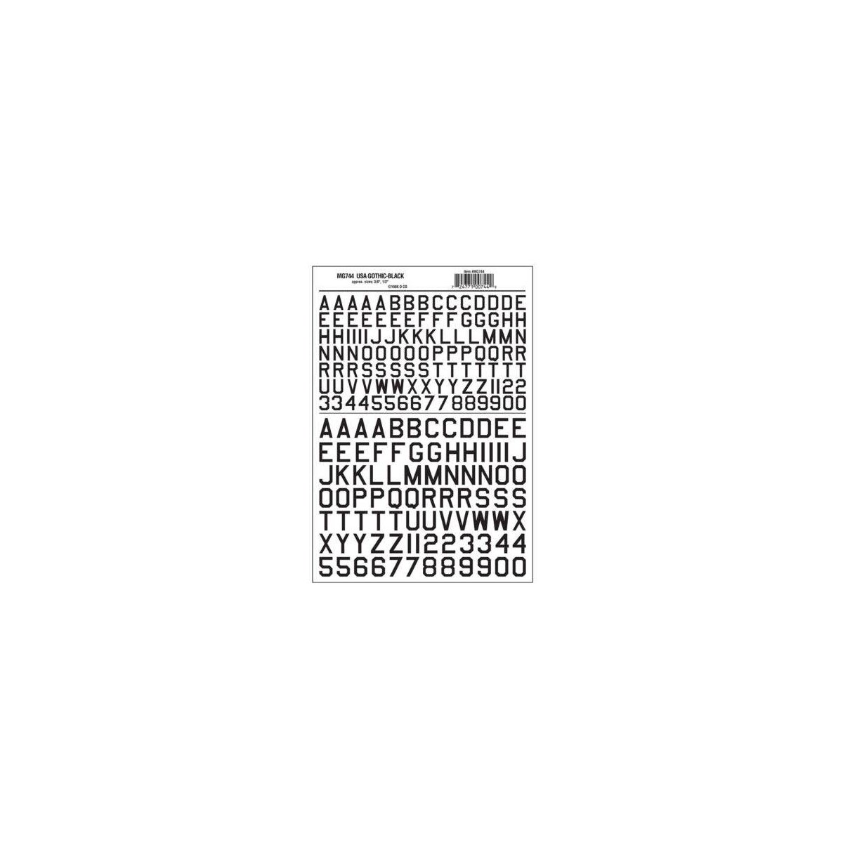 Dry Transfer Alphabet & Numbers - 45 Degree USA Gothic (Military 3/8 & 1/2′ -- Black, All Scales, Woodland Scenics 744
