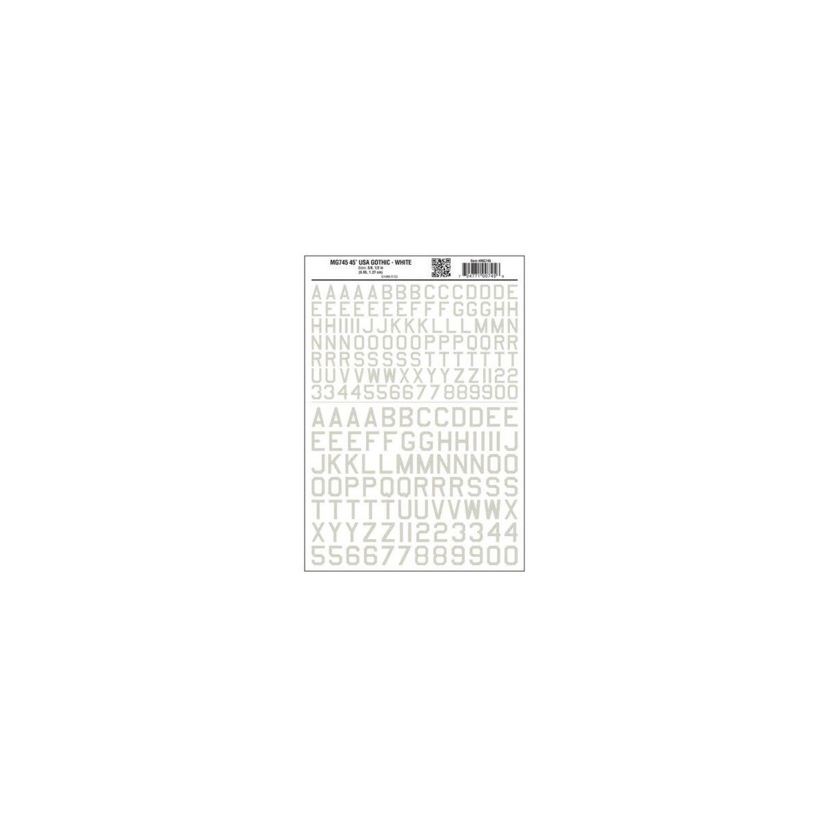 Dry Transfer Alphabet & Numbers - 45 Degree USA Gothic (Military 3/8 & 1/2′ -- White, All Scales, Woodland Scenics 745