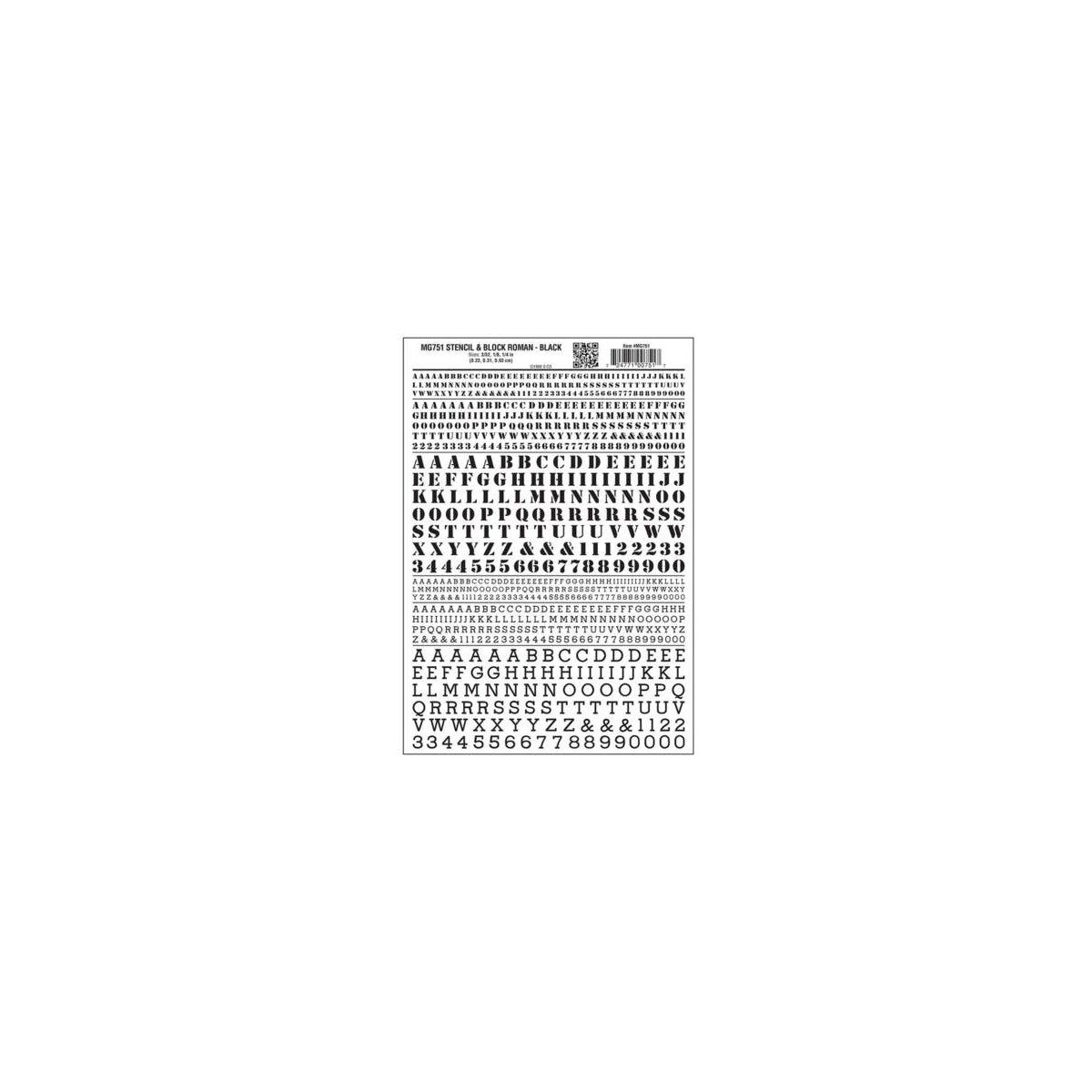 Dry Transfer Alphabet & Numbers - Stencil/Block Roman -- Black, All Scales, Woodland Scenics 751