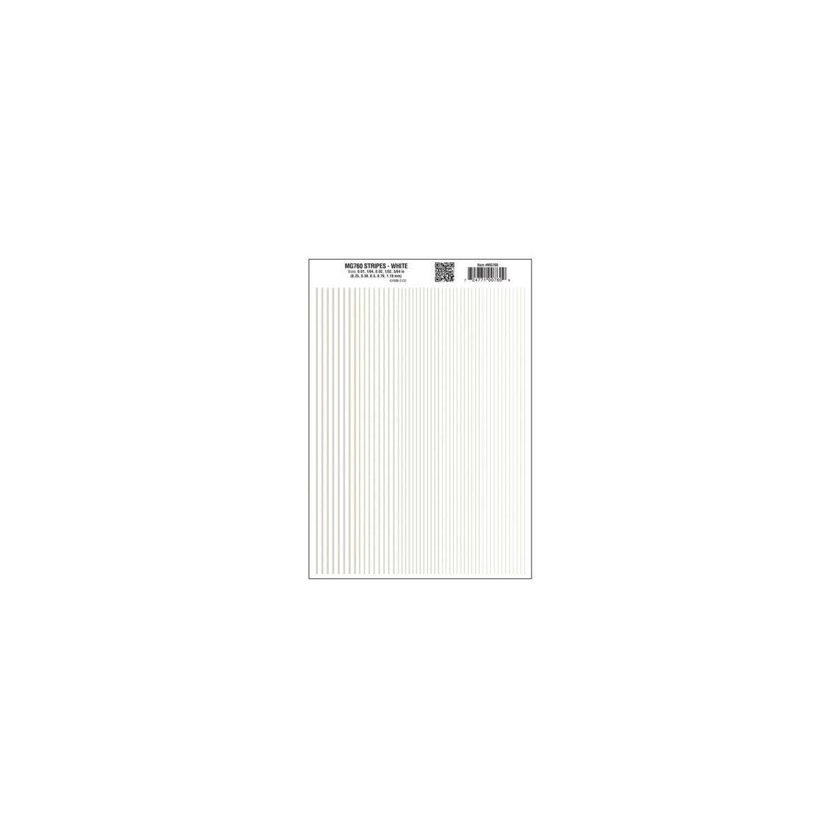 Dry Transfer Stripes - .010, 1/64, .022, 1/32 & 3/64′ Wide -- White, All Scales, Woodland Scenics 760