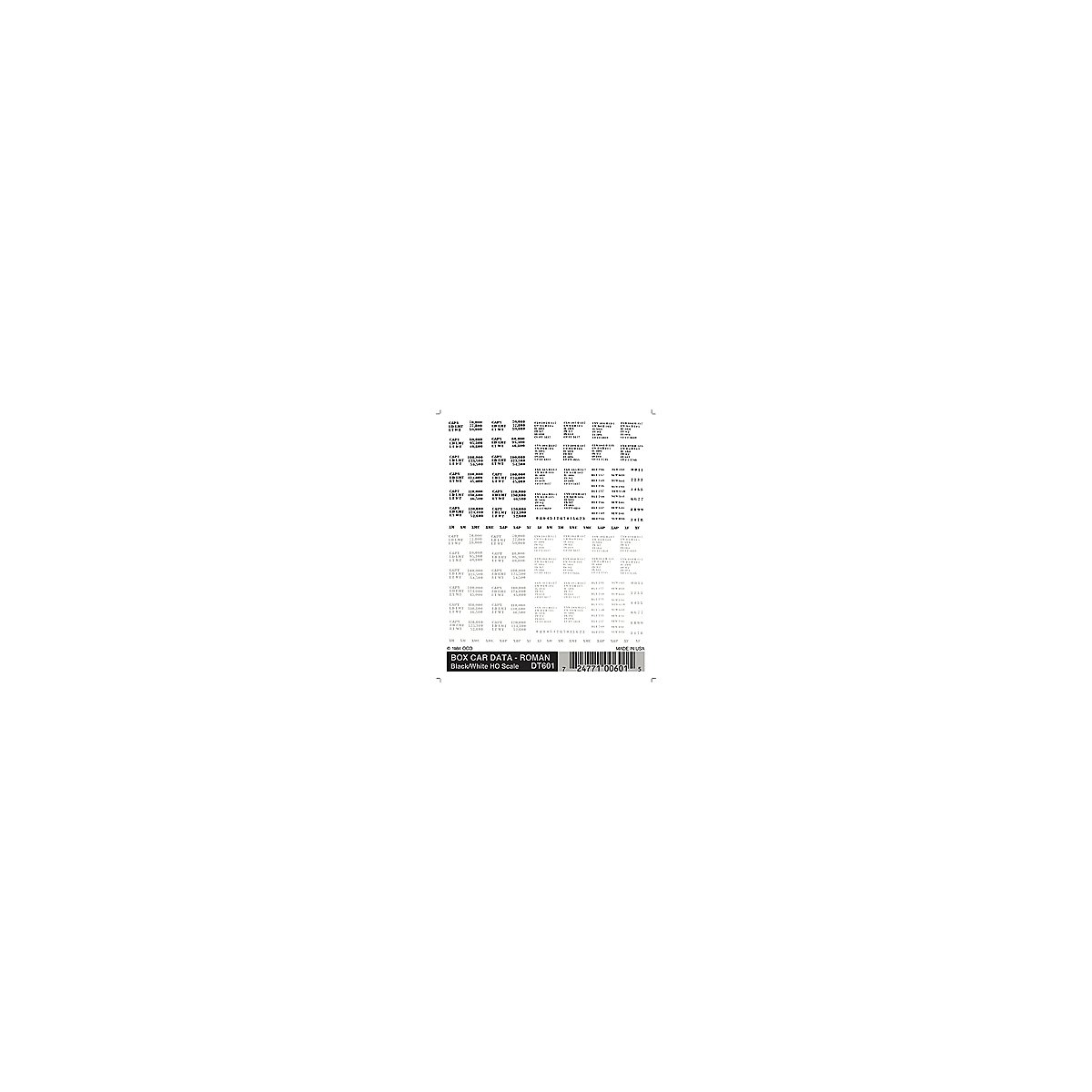 Dry Transfer Railroad Lettering Sets -- Railroad Roman Freight Car Data (white, black), HO, Woodland Scenics 601