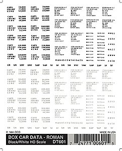 Dry Transfer Railroad Lettering Sets -- Railroad Roman Freight Car Data (white, black), HO, Woodland Scenics 601