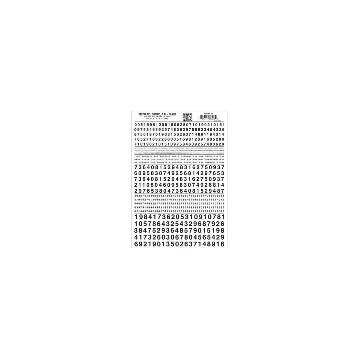 Dry Transfer Numbers Only - Railroad Gothic -- Black, All Scales, Woodland Scenics 726