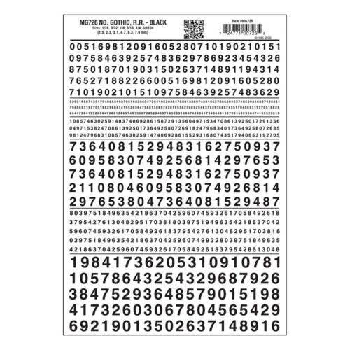 Dry Transfer Numbers Only - Railroad Gothic -- Black, All Scales, Woodland Scenics 726