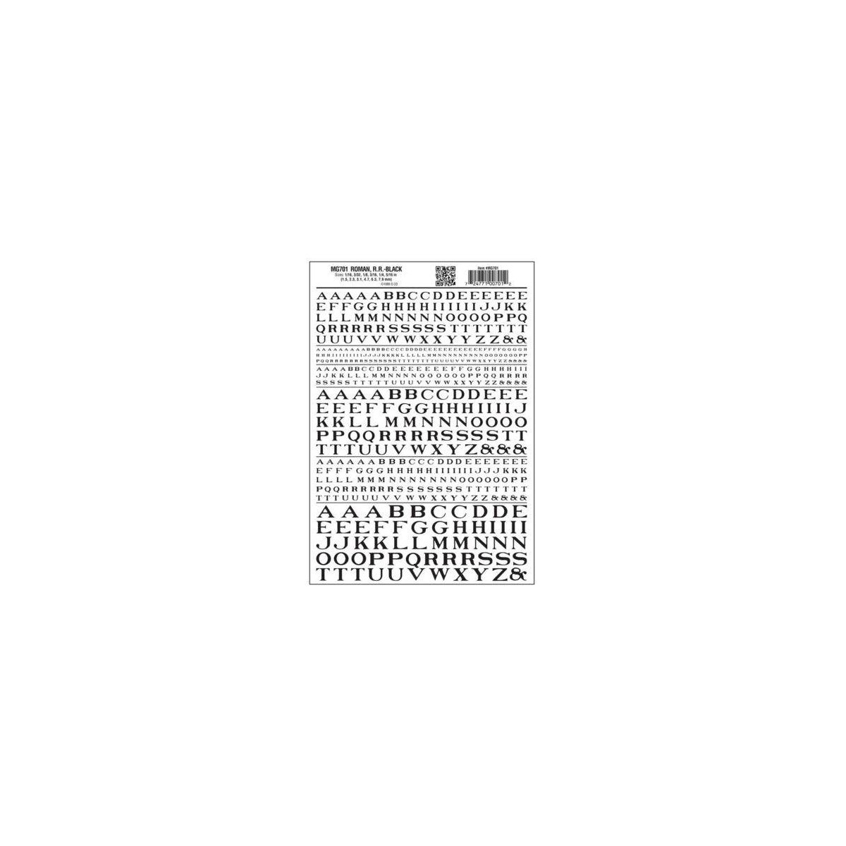Dry Transfer Alphabet - Railroad Roman - 1/16, 3/32, 1/8, 3/16, 1/4 & 5/16′ -- Black, All Scales, Woodland Scenics 701