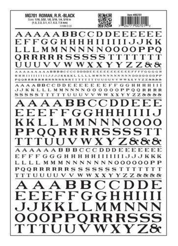Dry Transfer Alphabet - Railroad Roman - 1/16, 3/32, 1/8, 3/16, 1/4 & 5/16′ -- Black, All Scales, Woodland Scenics 701