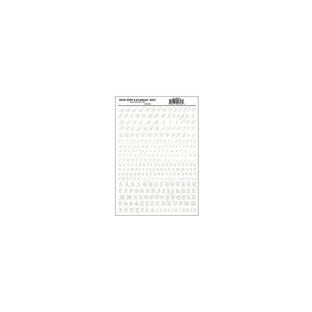 Dry Transfer Alphabet & Numbers - Script/Old English -- White, All Scales, Woodland Scenics 756